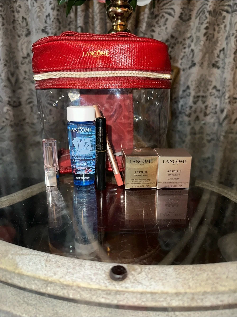 Lancome Pink Lipstick & Gold Absolue Cream Set with Red Case